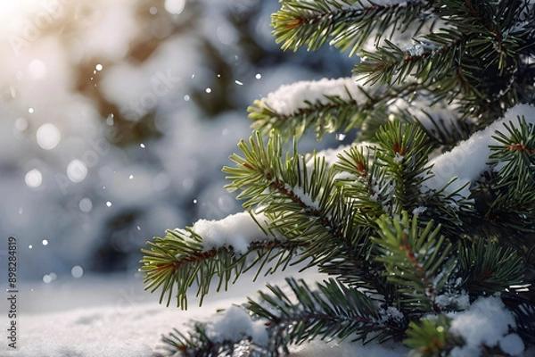 Fototapeta Christmas tree branches in snow, blurred bokeh with forest, daylight. Snowy new year eve, festive, magical background, winter holidays template for design, greeting postcard with copy space.