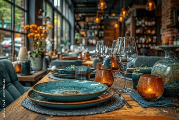 Obraz Elegant Table Setting with Blue Plates and Candles in a Restaurant