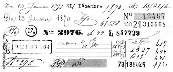 Fototapeta large collection of handwritten, stamped and typed numbers and dates isolated over a transparent background, vintage and antique French design elements for journaling, scrapbooking and digital collage
