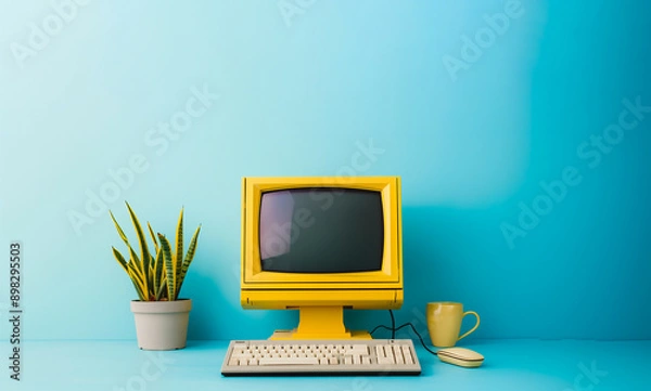 Fototapeta Yellow retro desktop computer with mouse and keyboard is sitting on a blue desk with a plant and a cup