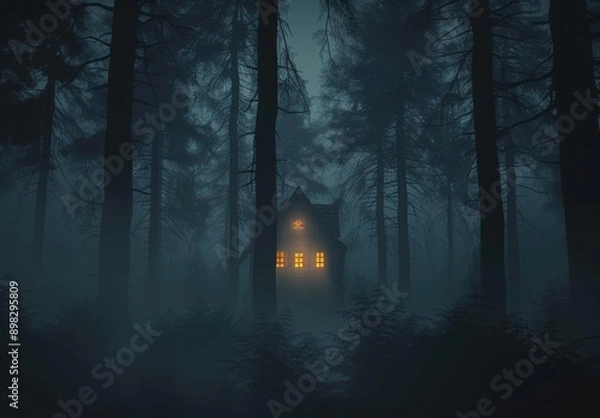Obraz A spooky cabin with glowing windows stands in a dark, foggy forest.