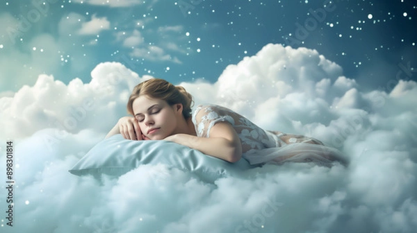 Fototapeta woman in the clouds,A woman sleeping on a cloud