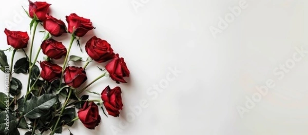 Fototapeta Bouquet of red roses displayed on a white backdrop with copy space image