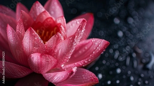 Fototapeta  A tight shot of a pink water lily against a black backdrop, adorned with pearls of water on its petals