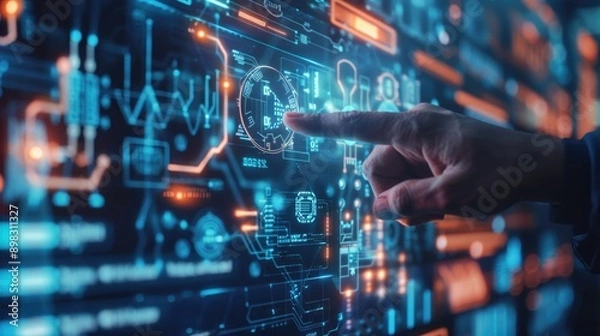 Fototapeta A hand presses a button on a laptop or desktop computer screen