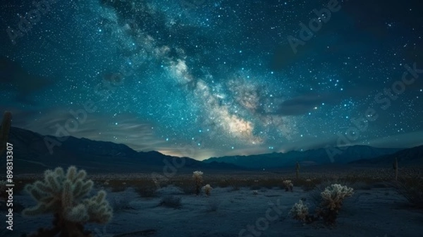 Fototapeta  A night sky teeming with stars, numerous cacti in the foreground
