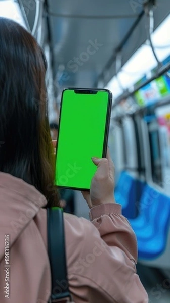 Fototapeta woman holding showing smartphone with green screen in blurred subway train, perfect for showcasing apps and mobile technology, vertical phone orientation, travel and navigation