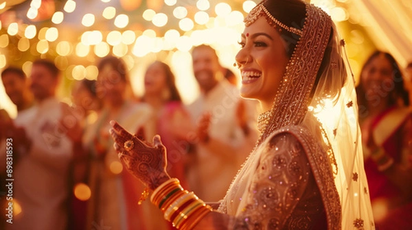 Obraz A joyful bride and groom dressed in traditional Indian wedding attire share a tender moment while dancing at their reception.