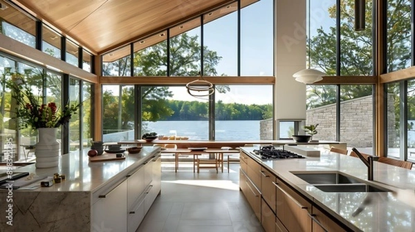 Fototapeta Contemporary kitchen with a stylish trapezoid window by the lake 