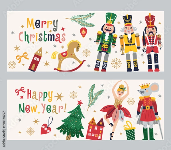 Fototapeta Happy New Year Nutcrackers Vector banners set on Light Background. Postcard. Childish rocking horses. Christmas illustration.