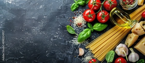 Fototapeta Top down view of ingredients for classic Italian cuisine including spaghetti tomato basil garlic cheese olive oil on a black table with a copy space image available