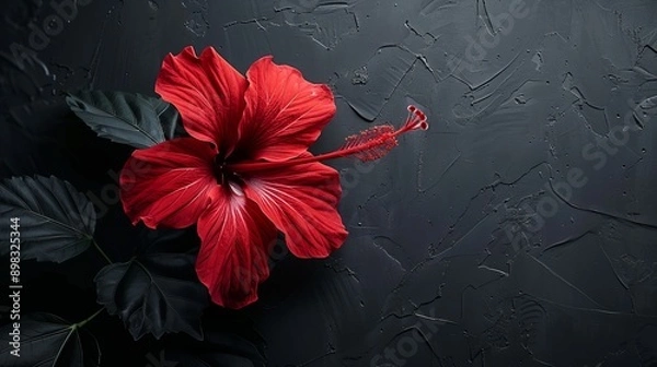 Fototapeta  A red flower of ample size rests atop a black table Nearby, a green plant with leafy foliage graces the same black surface