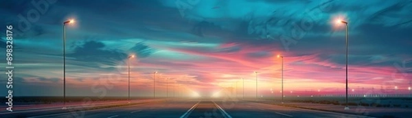 Fototapeta Highway at twilight captured in a photo realistic style, high-quality photograph, streetlights creating a beautiful contrast with the colorful sky.