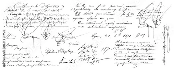Fototapeta bits and pieces of antique French handwriting / calligraphy, letters, documents and ephemera from the 19th Century, isolated over a transparent background, retro journaling  or collage design elements
