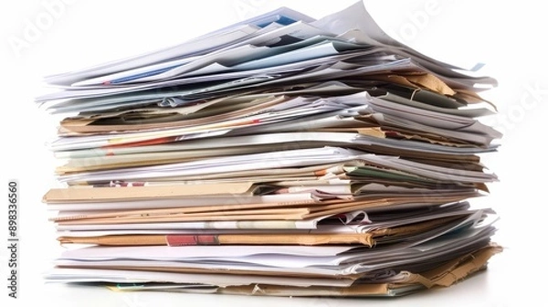 Fototapeta towering stack of business documents on crisp white background papers fan out slightly suggesting complexity clean professional image conveys administrative themes and organization