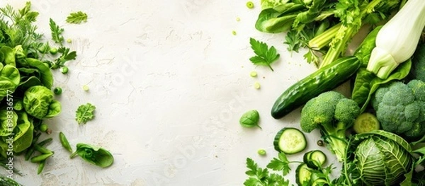 Fototapeta Assorted green vegetables commonly used in vegetarian meals Displayed from above with a flat lay perspective offering a top view and room for text or other elements copy space image