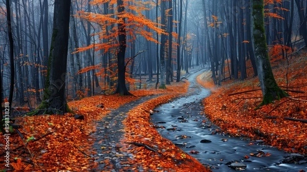 Fototapeta  A trail in a forest, surrounded by trees shedding orange leaves, their crisp versions blanketing the forest floor