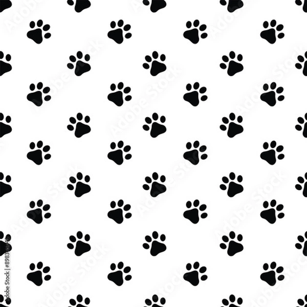 Fototapeta Animal footprints pattern. Seamless pattern with the image of black paws on a white background. Paws of cats and dogs. Pattern for print and gift wrapping.