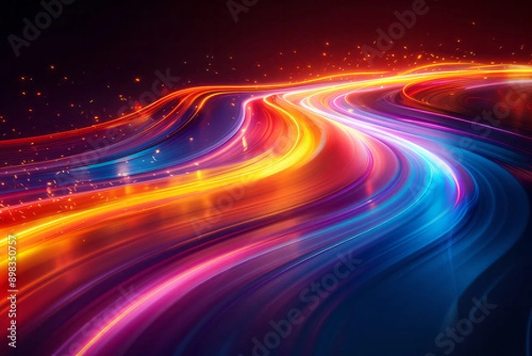 Fototapeta Modern and abstract image of glowing neon trails with vivid, colorful effects against a black backdrop,