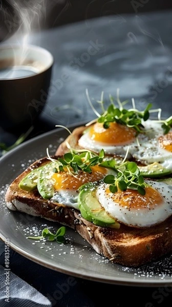 Obraz Cozy Artisanal Breakfast Scene with Avocado Toast Fried Eggs and Steaming Coffee