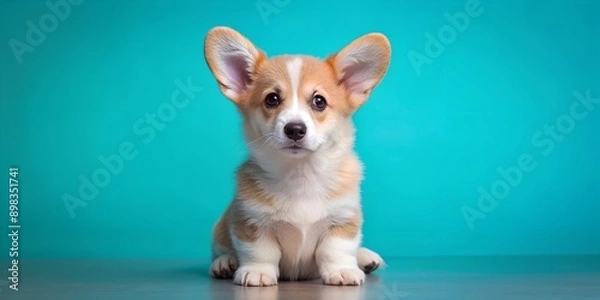 Fototapeta a welsh corgi puppy sits on a blue background AI Generative