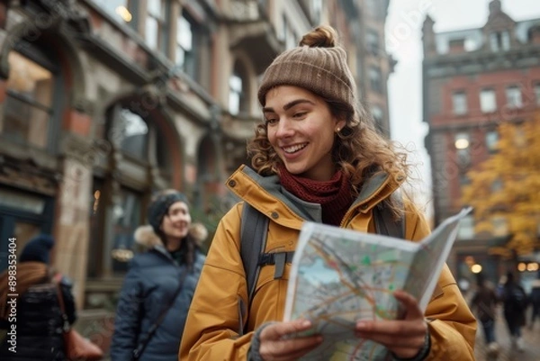 Fototapeta A young traveler holding a map beams with joy as she navigates her way through a cityscape in the fall, embodying youthful adventure and curiosity on a crisp day.