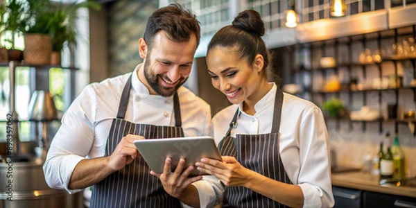 Fototapeta Two restaurant workers, wearing aprons, stand in the kitchen using a touchscreen tablet. They look focused and engaged in their task, with shelves of ingredients and kitchenware behind them