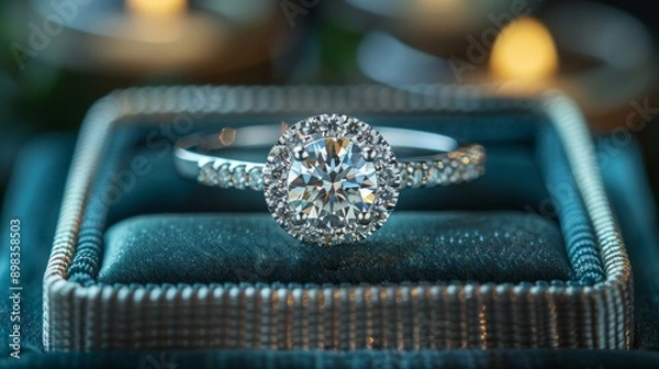 Obraz Close up of a diamond engagement ring sparkling in a teal ring box, capturing the anticipation and joy of a proposal