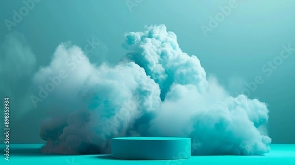 Fototapeta Podium stand light minimal cloud background studio dreamy pedestal backdrop png smoke geometric cloud backdrop. Abstract stage pastel scene. Podium stand light minimal cloud background studio dreamy