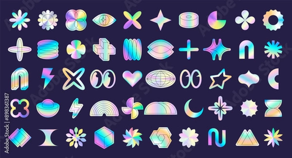 Fototapeta Y2k sticker holographic. Icon graphic, hype gradient retro style decorative elements. Psychedelic 90s, 2000s futuristic design. Shape acid, abstract decoration. Star, moon and flowers. Vector rave set