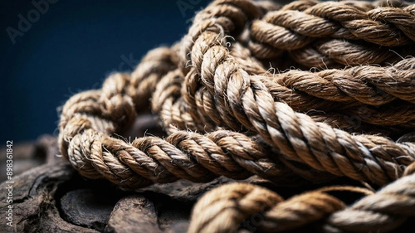 Fototapeta Detailed close-up of thick natural fiber rope tied in a double overhand knot against a neutral background

