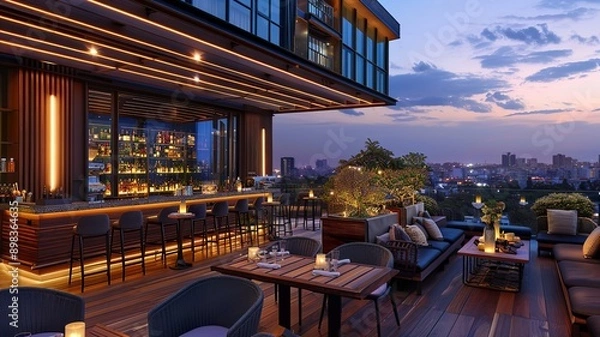 Fototapeta modern villa with a beautiful view, a large terrace with a bar with led lighting. Generated by AI