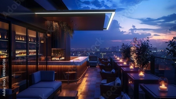 Fototapeta modern villa with a beautiful view, a large terrace with a bar with led lighting. Generated by AI