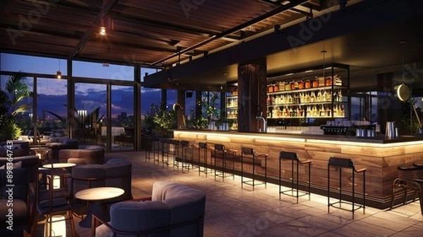 Fototapeta modern villa with a beautiful view, a large terrace with a bar with led lighting. Generated by AI