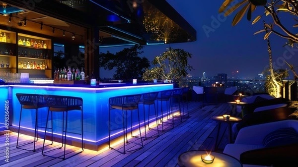 Fototapeta modern villa with a beautiful view, a large terrace with a bar with led lighting. Generated by AI