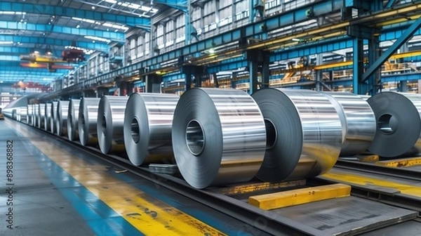 Fototapeta Large, industrial factory houses rows of aluminum coils on conveyor belt. Factory floor is clean and well-lit, indicating efficient and modern facility. Aluminium metal plate 
