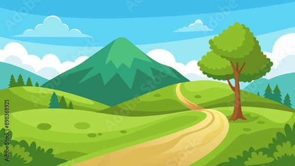 Fototapeta Beautiful nature landscape with green grass,  hill, trees, and footpath vector illustration 