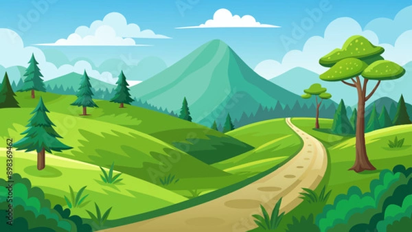 Obraz Beautiful nature landscape with green grass,  hill, trees, and footpath vector illustration 