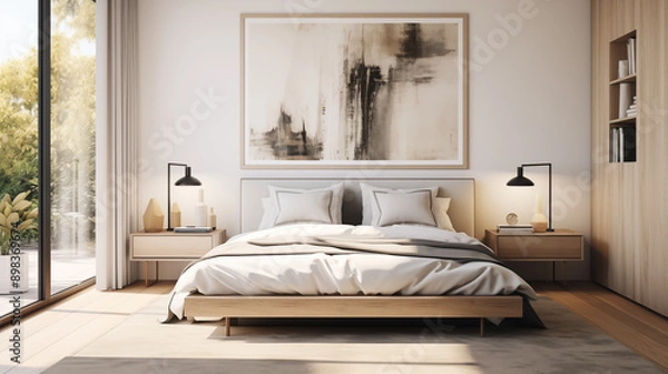 Fototapeta Elegant Bedroom With Large Windows Wooden Furniture And Soft Lighting