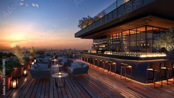 Fototapeta modern villa/restaurant/bar, with a beautiful view, large terrace with led lighting bar. Generated by AI