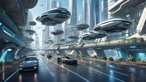 Fototapeta Illustration of futuristic traffic with floating cars and floating roads

