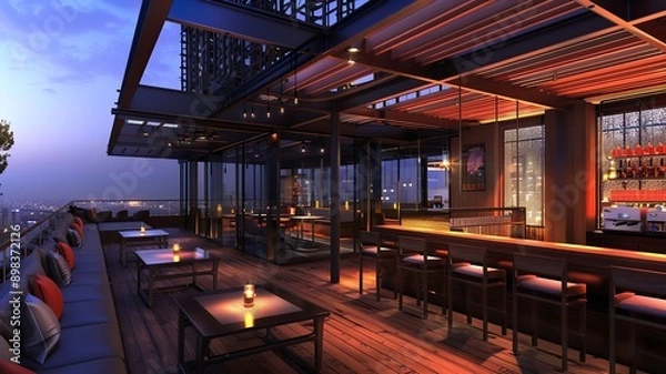 Fototapeta modern villa/restaurant/bar, with a beautiful view, large terrace with led lighting bar. Generated by AI