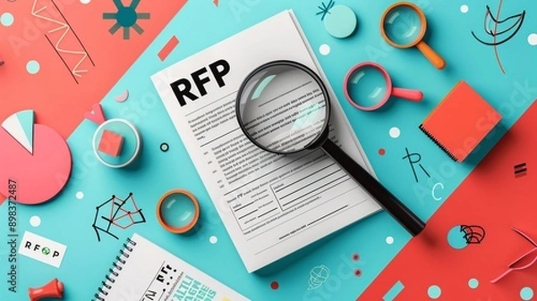 Fototapeta This illustration depicts the seamless integration of RFP text into an unfolding document. Magnifying glasses hover over different sections, symbolizing detailed examination and exploration of proposa