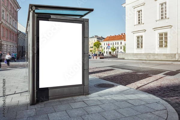 Fototapeta Mockup Of Blank Bus Stop Vertical Advertising Poster Billboard On Sidewalk