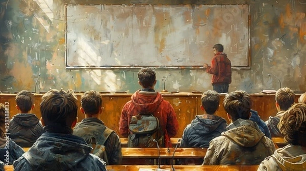 Fototapeta Students Attentively Listen to a Lecturer During a Daytime Class Session