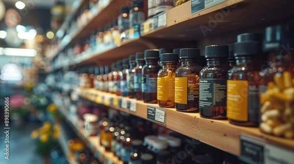 Fototapeta Herbal Supplements on Wooden Shelves. Assortment of herbal supplements in glass bottles is displayed on wooden shelves, highlighting a variety of natural health products.