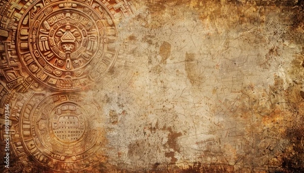 Obraz Ancient Mayan Calendar Carvings on Weathered Stone Wall