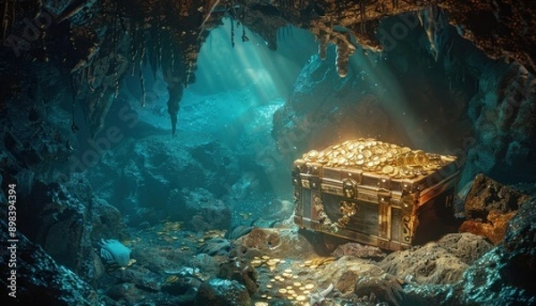 Obraz A Treasure Chest Filled With Gold Coins Discovered Inside an Underwater Cave
