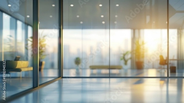Fototapeta Blurred background of modern office with panoramic windows and lighting