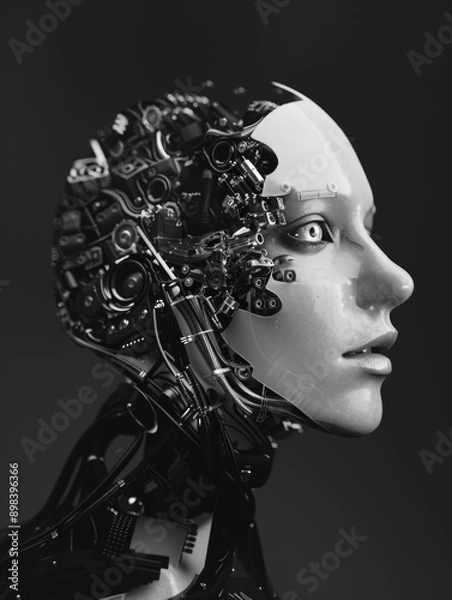 Obraz A modern cyborg portrait with mechanical and electronic parts, reflecting a blend of technology and humanity.